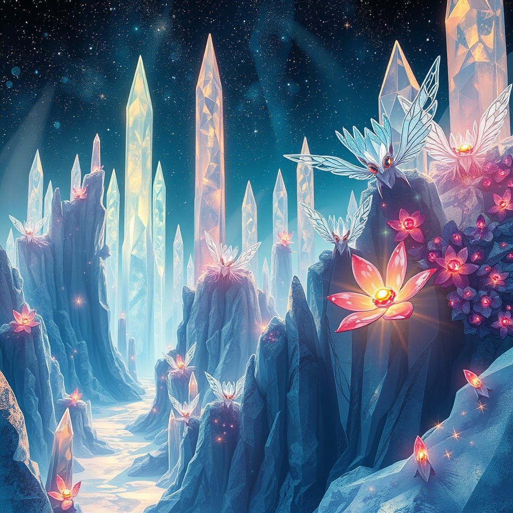 16k resolution, art by Yoshitaka Amano, Alphonse Mucha, Ethereal, gemstone landscape, dreamlike landscape entirely made ...