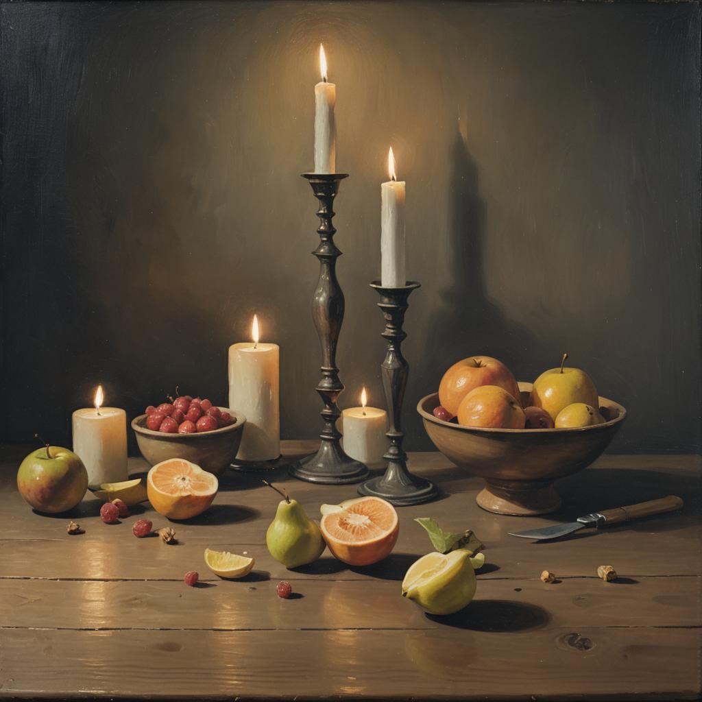 Earthy Still Life with Fruit and Candles