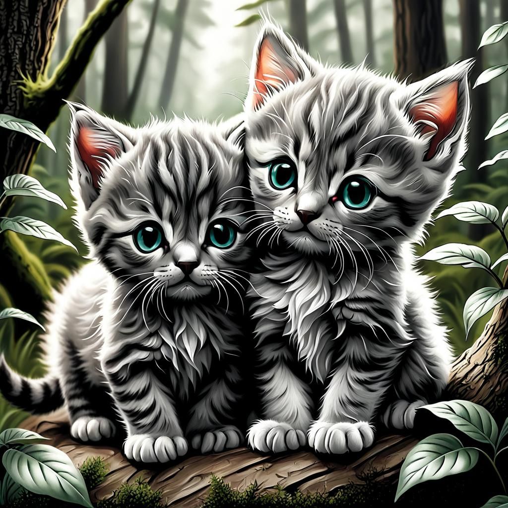 Adorable Chibi Kittens Snuggling in Forest: Charcoal Drawing
