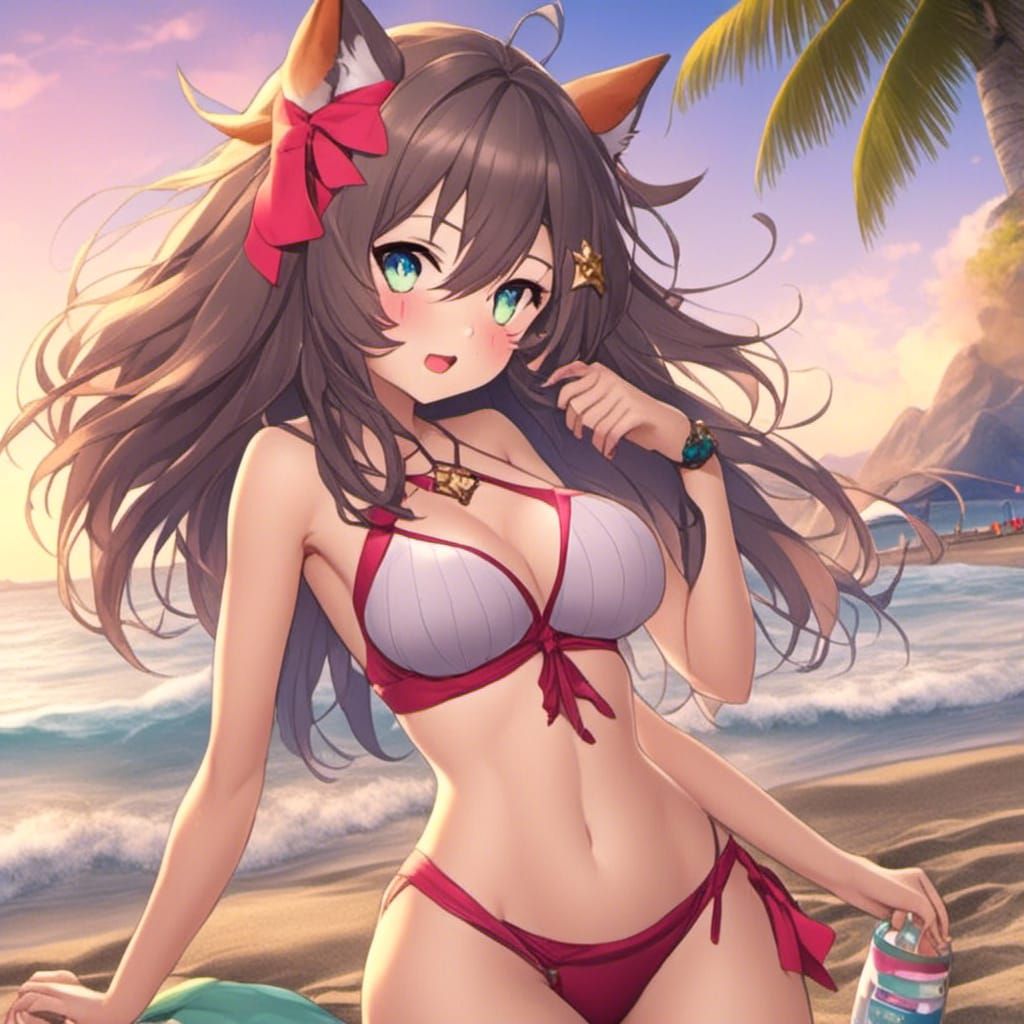 Anime Wolf Girl on Beach, Detailed Matte Painting