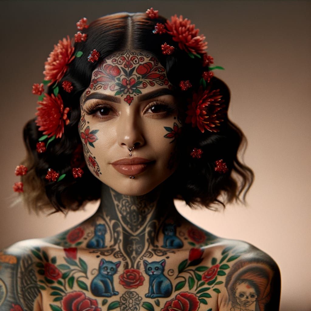 Woman with Vibrant Tattoos of Red Flowers and Blue Kittens i...