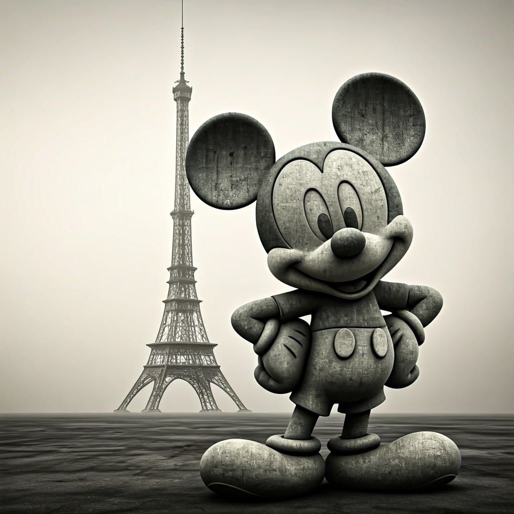 Concrete Disney Character Beside Towering Antenna