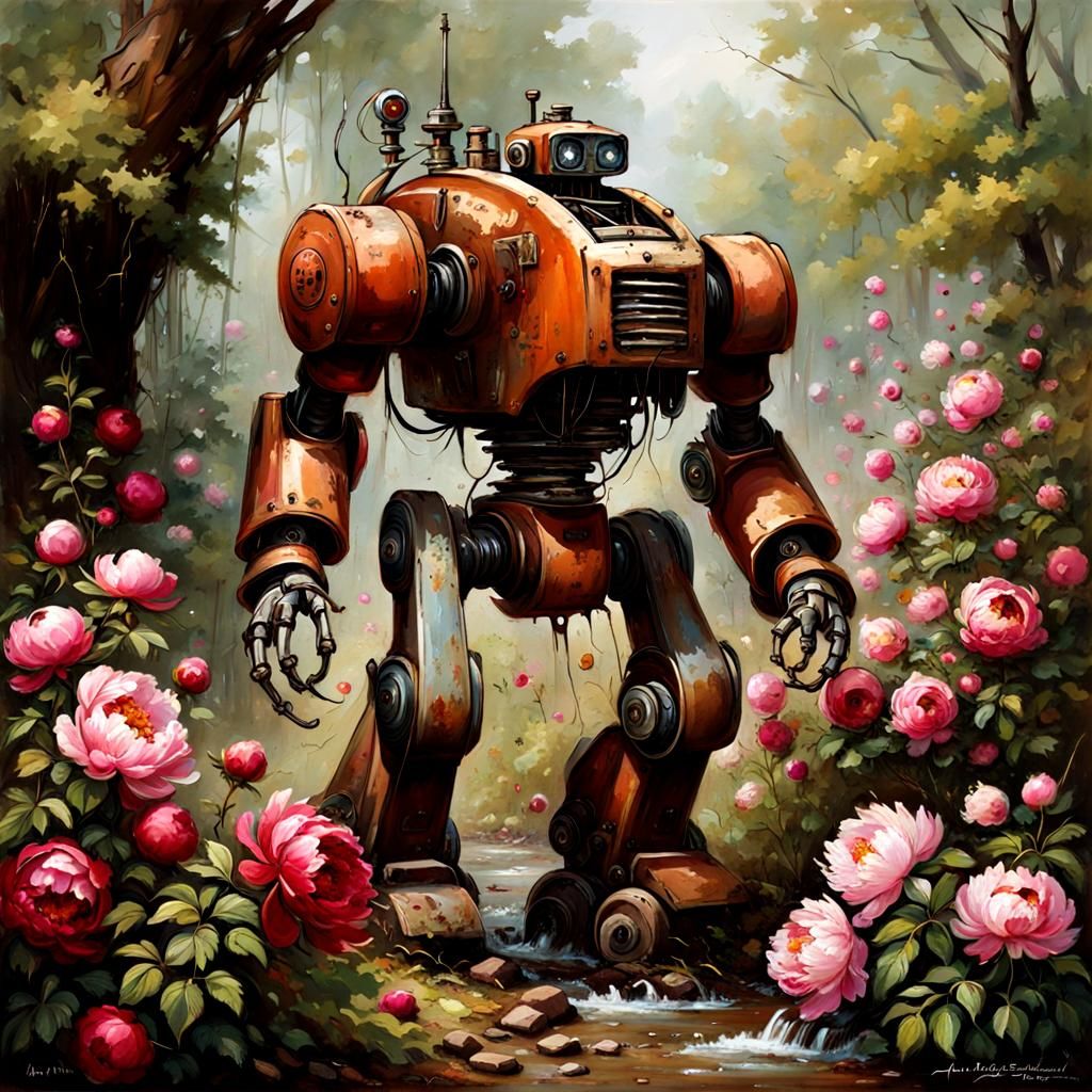 Robot Covered in Peonies as Oil Gouache