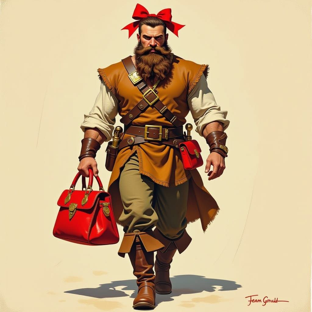 Mighty Man with Vibrant Red Bow and Handbag