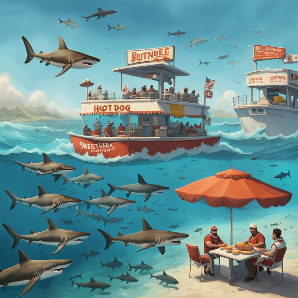 Sharks Approaching Hot Dog Stands on the Shore
