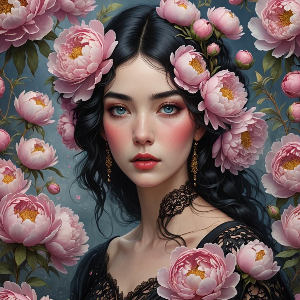 Peonies and Lady in Black Lace, Art Nouveau Style