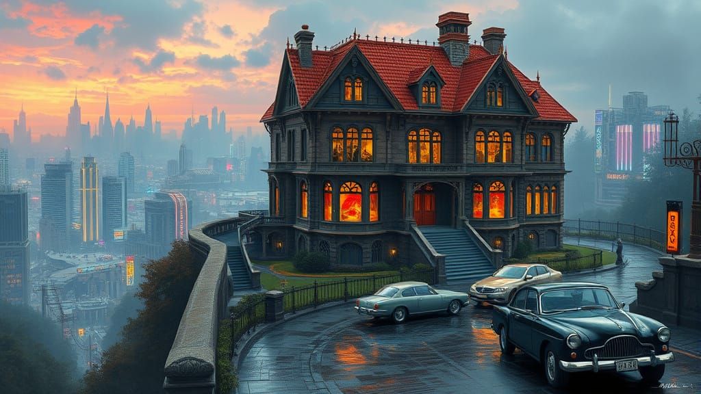 Victorian Mansion Overlooking Cyberpunk City as Digital Art