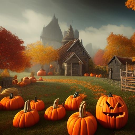 Autumn Fair Cottage with Pumpkins and Apples