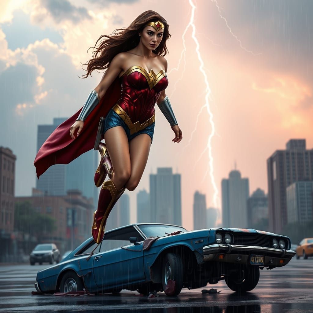 Wonder Woman Floating Above City Ruins in The Rain
