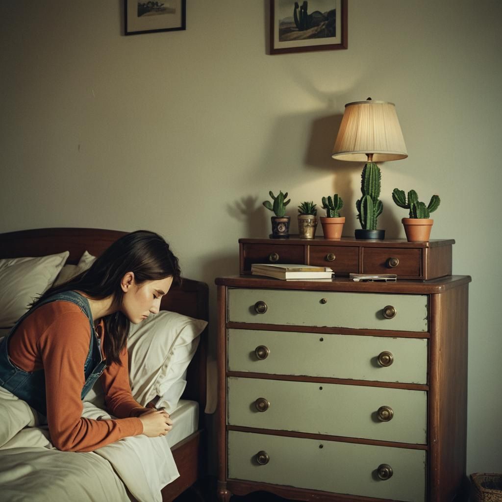 Girl Reading by Cactus Lamp: Cinematic Film Still