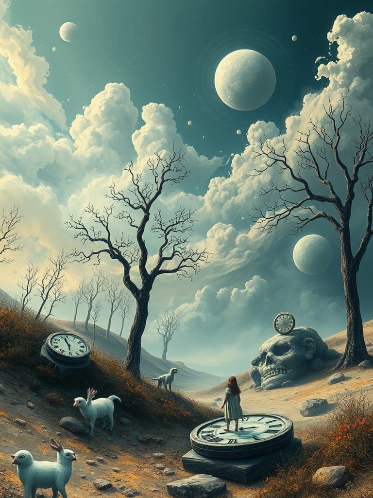 Dreamlike Surrealist Landscape with Melting Clocks
