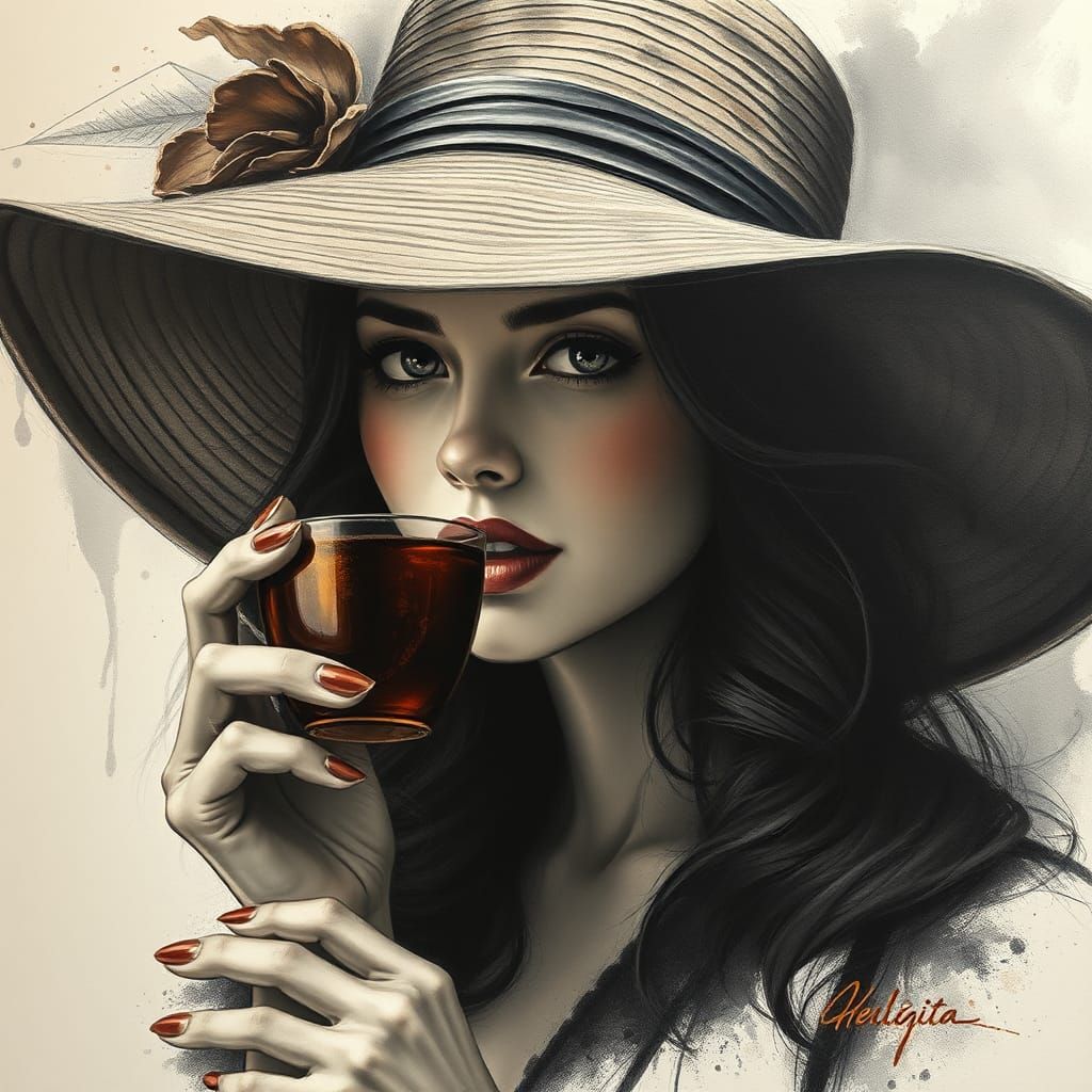 Elegant Woman with Coffee: Detailed Charcoal Drawing