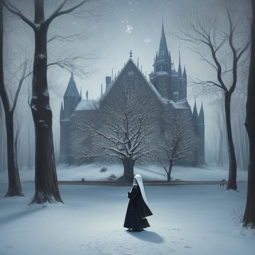 Nun Rings Bells in Snowy Forest, Gothic Oil Painting