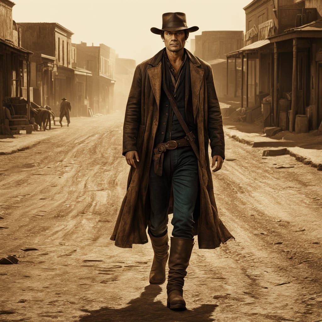 Mysterious Man in Western Film Still, Oil Painting Style