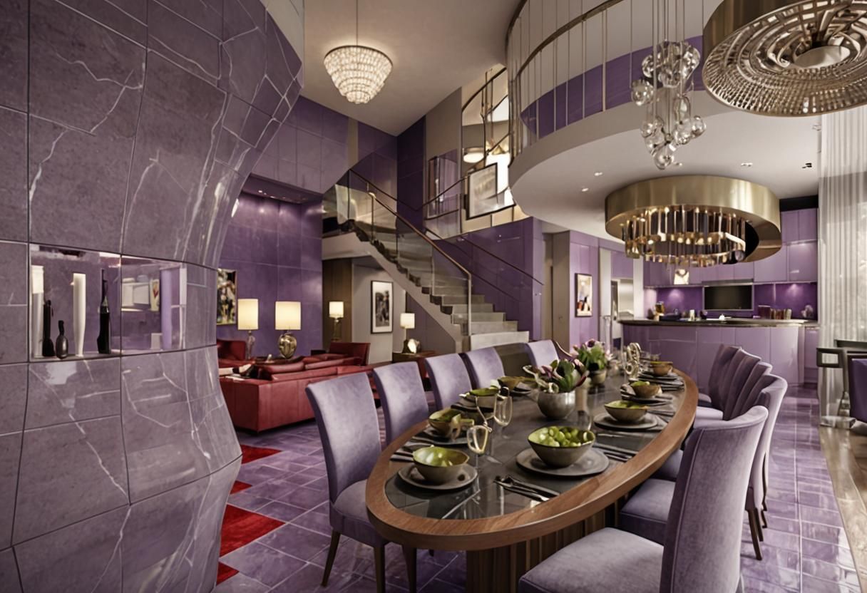 Photorealistic Living Room in Red and Lavender