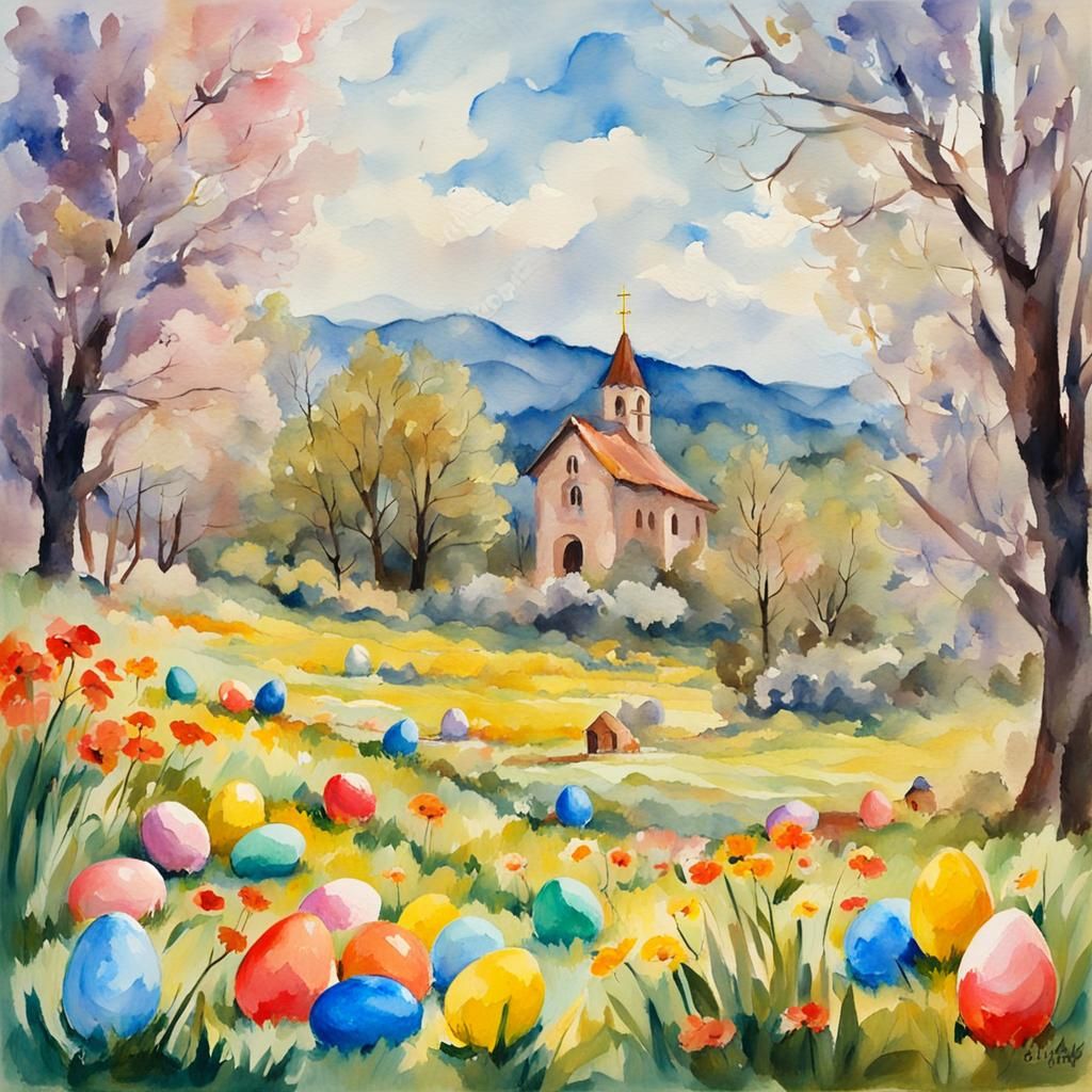 Easter Scene in Gouache Watercolor Style