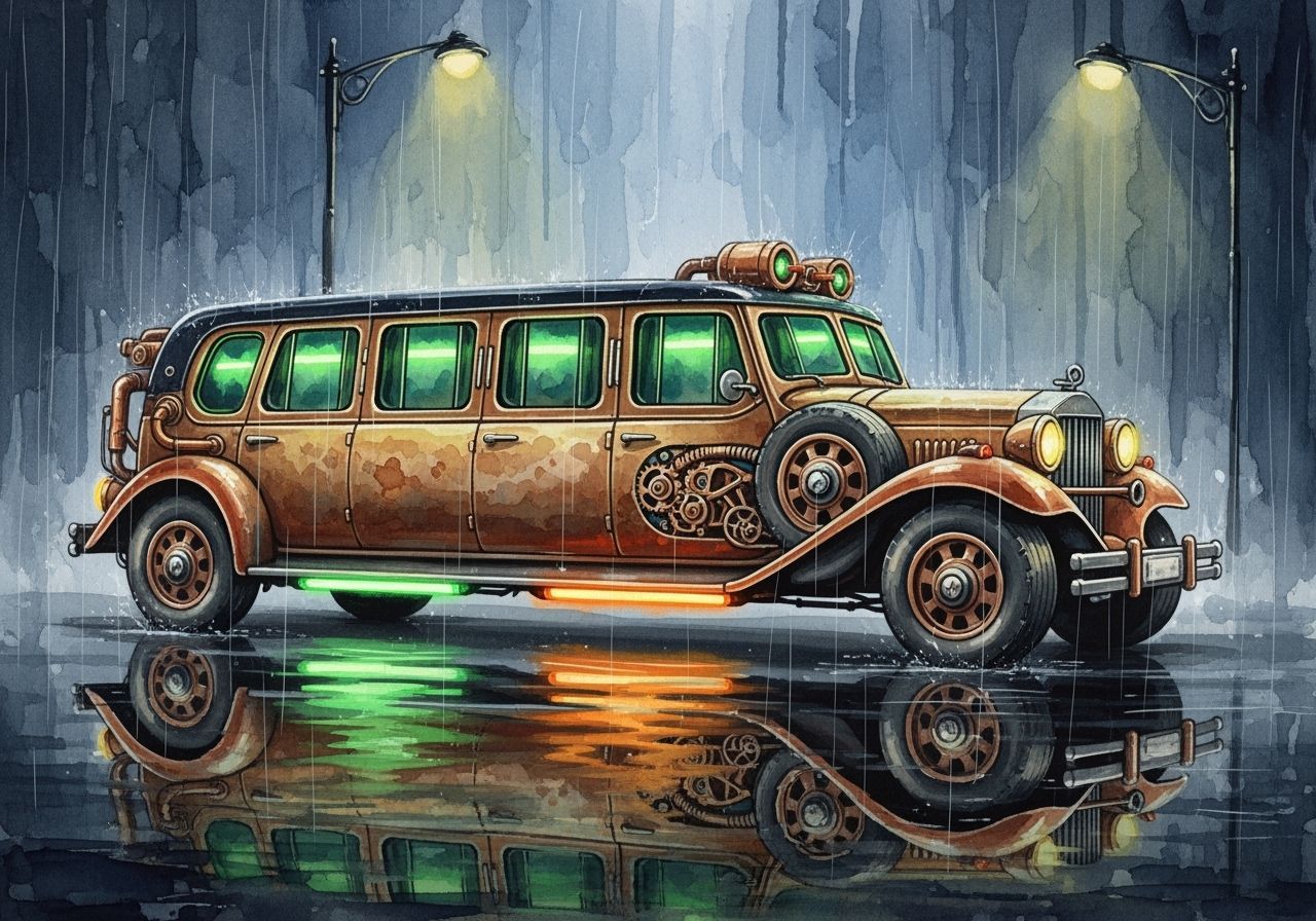 Steampunk Limousine in Rainy Street, Watercolour Style