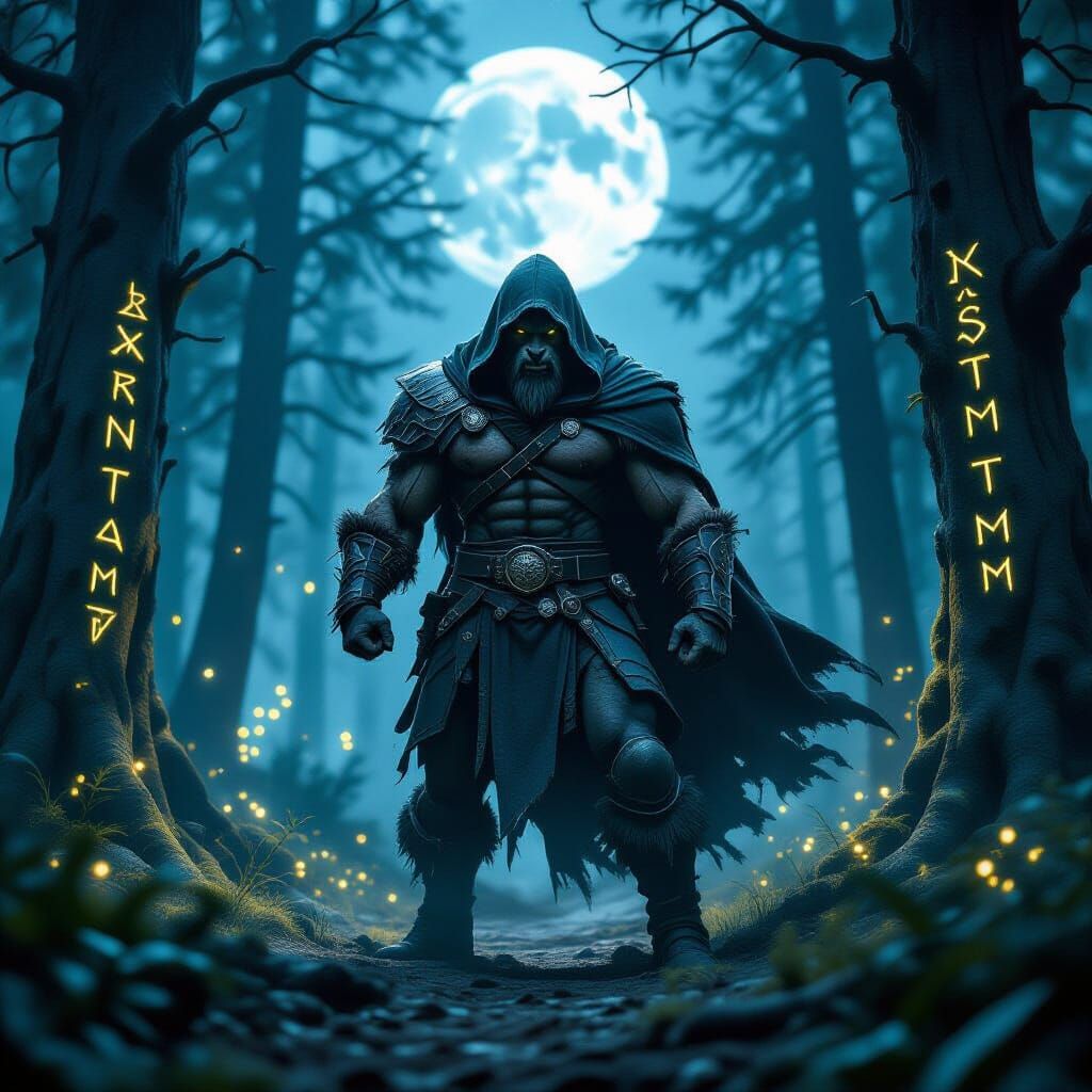 Werewolf Warrior Casting Spell in Moonlit Forest