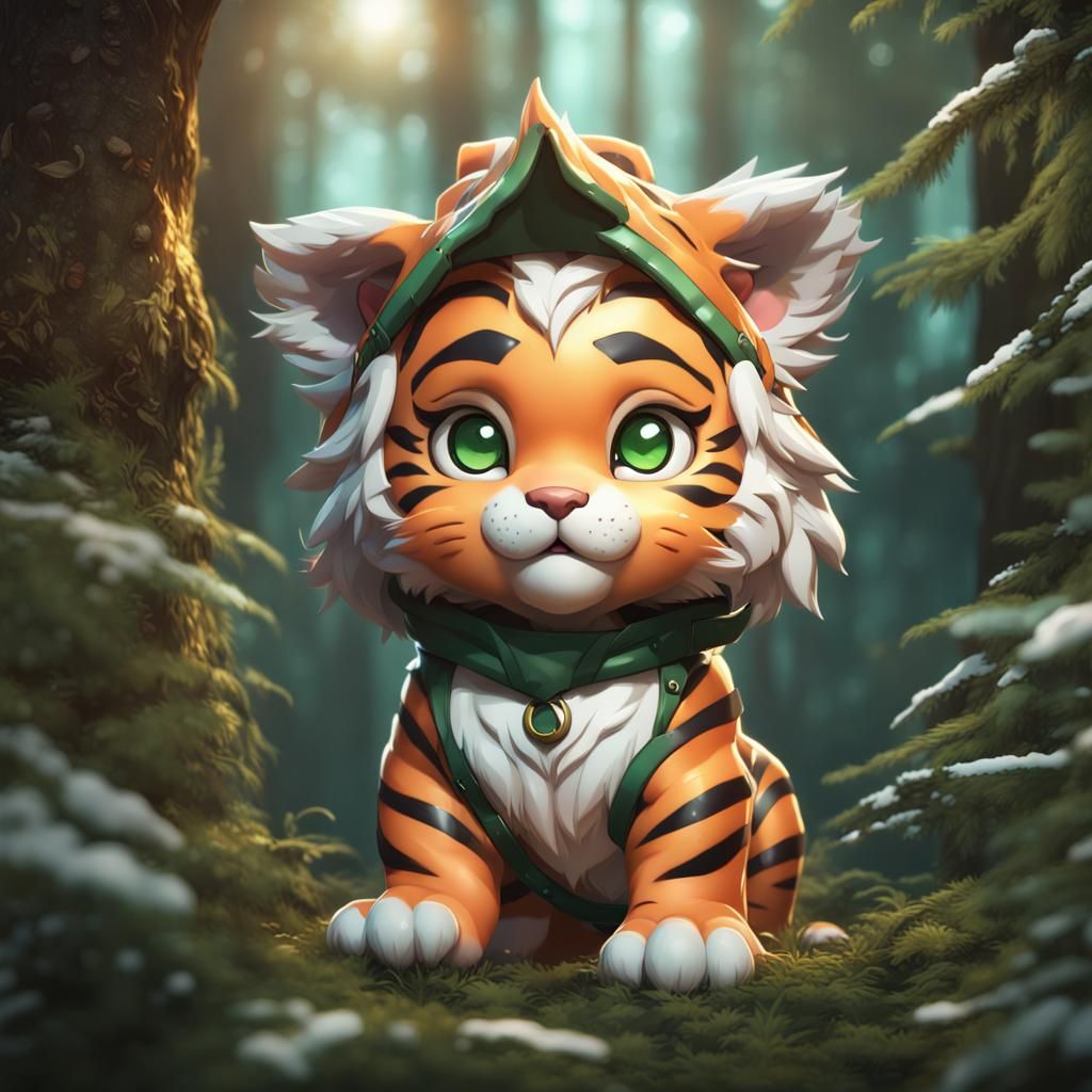 Cute Chibi Tiger Portrait in Evergreen Forest