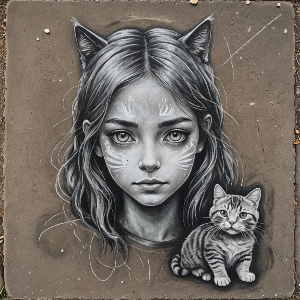 Chalk Art: Girl and Cat Fusion