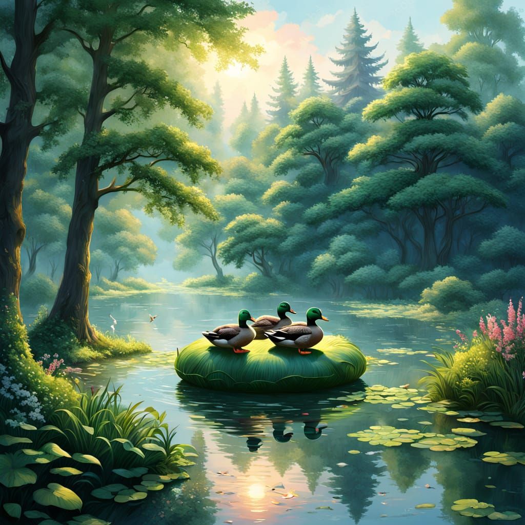 Whimsical Family Duck Adventure on a Serene Lake