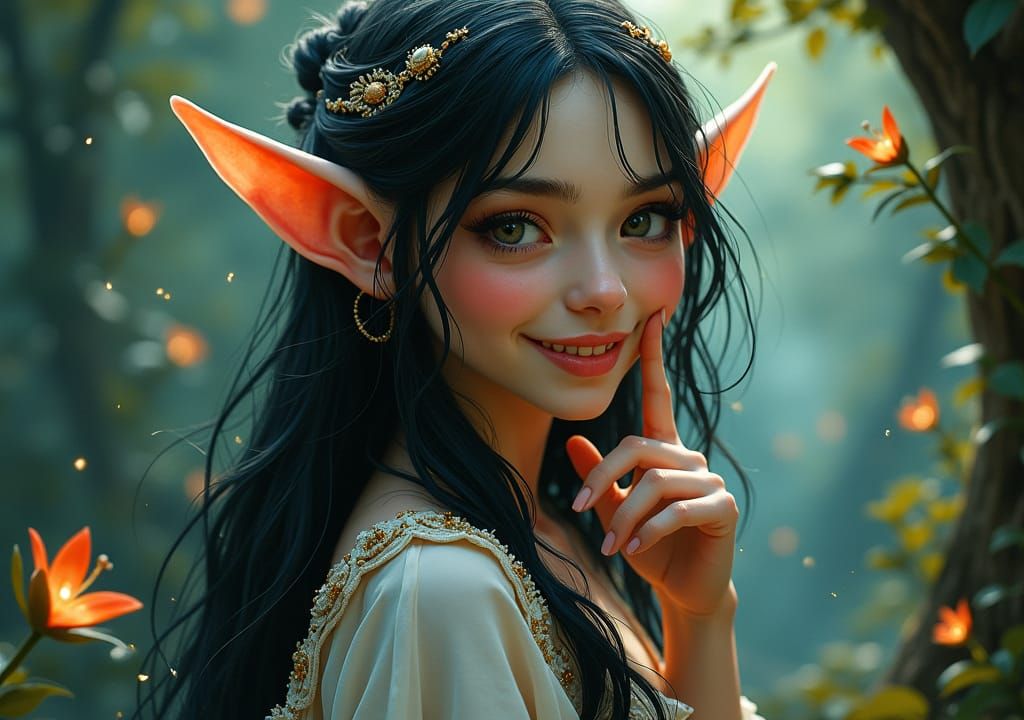 Enchanting Elven Maiden in Magical Forest, Art Nouveau