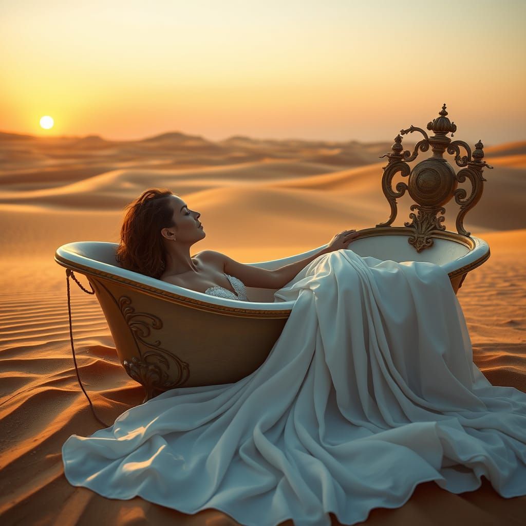 Surreal Desert Bath: Hyperrealistic Woman in Golden Dunes