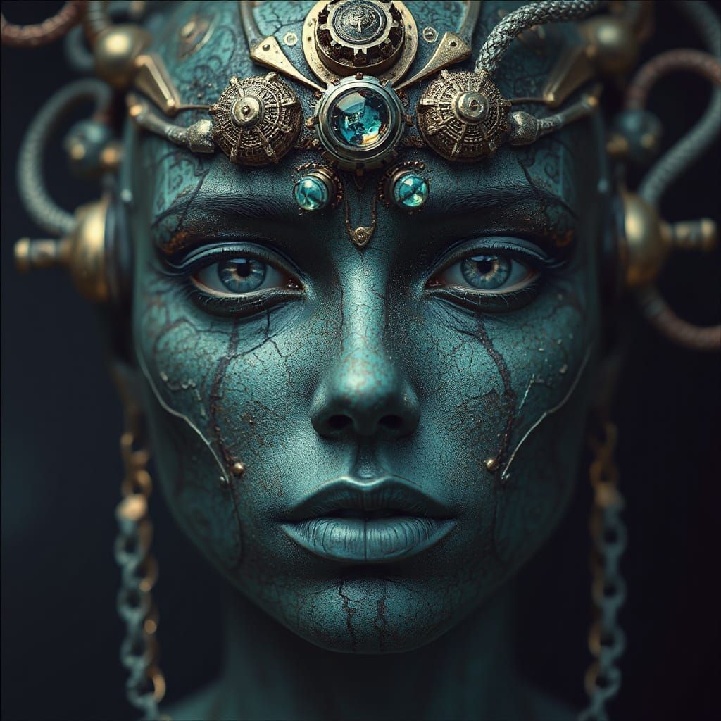 Biomechanical Face with Astral Circuitry and Verdigris