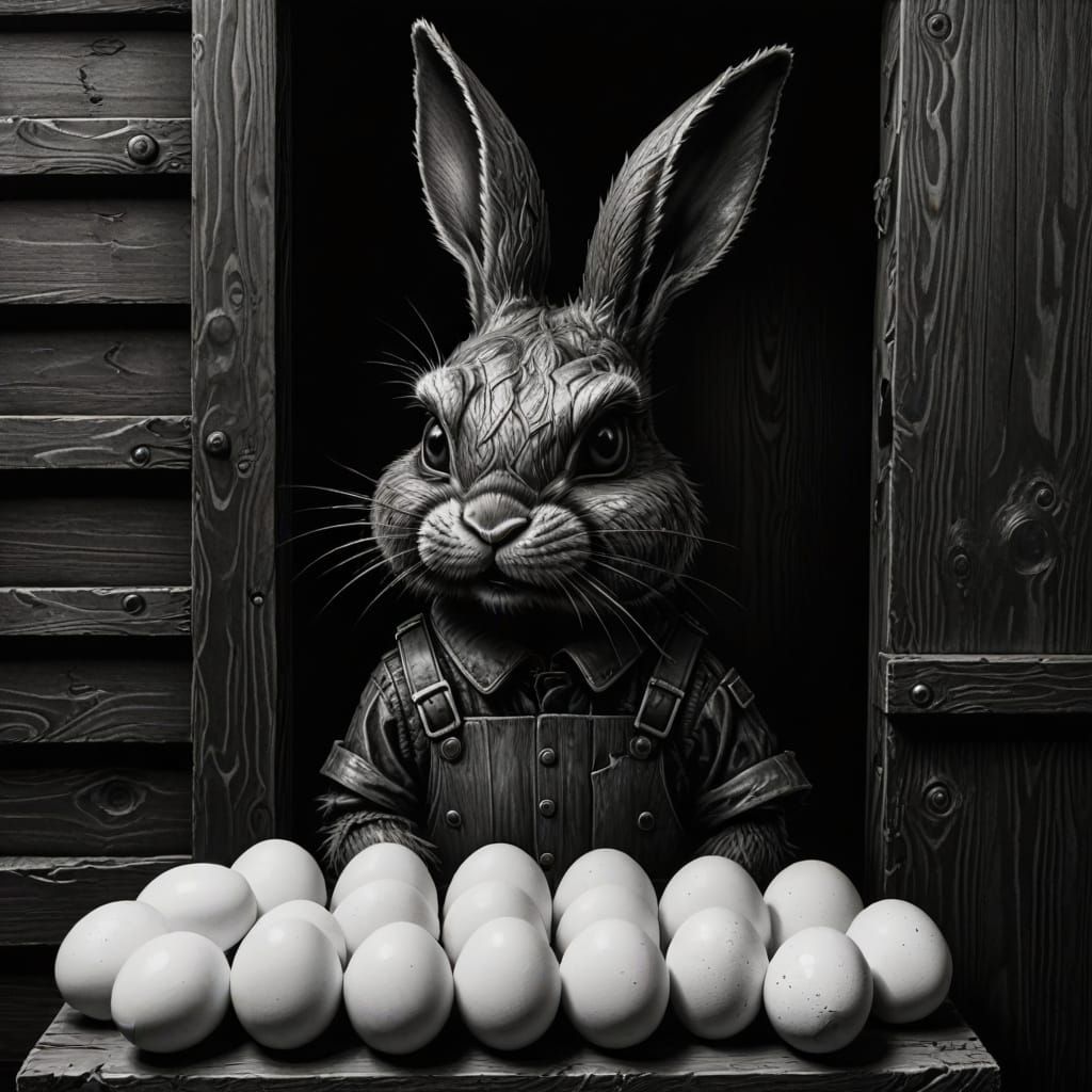 A mean looking Easter Punk Bunny with a shotgun, holding up ...