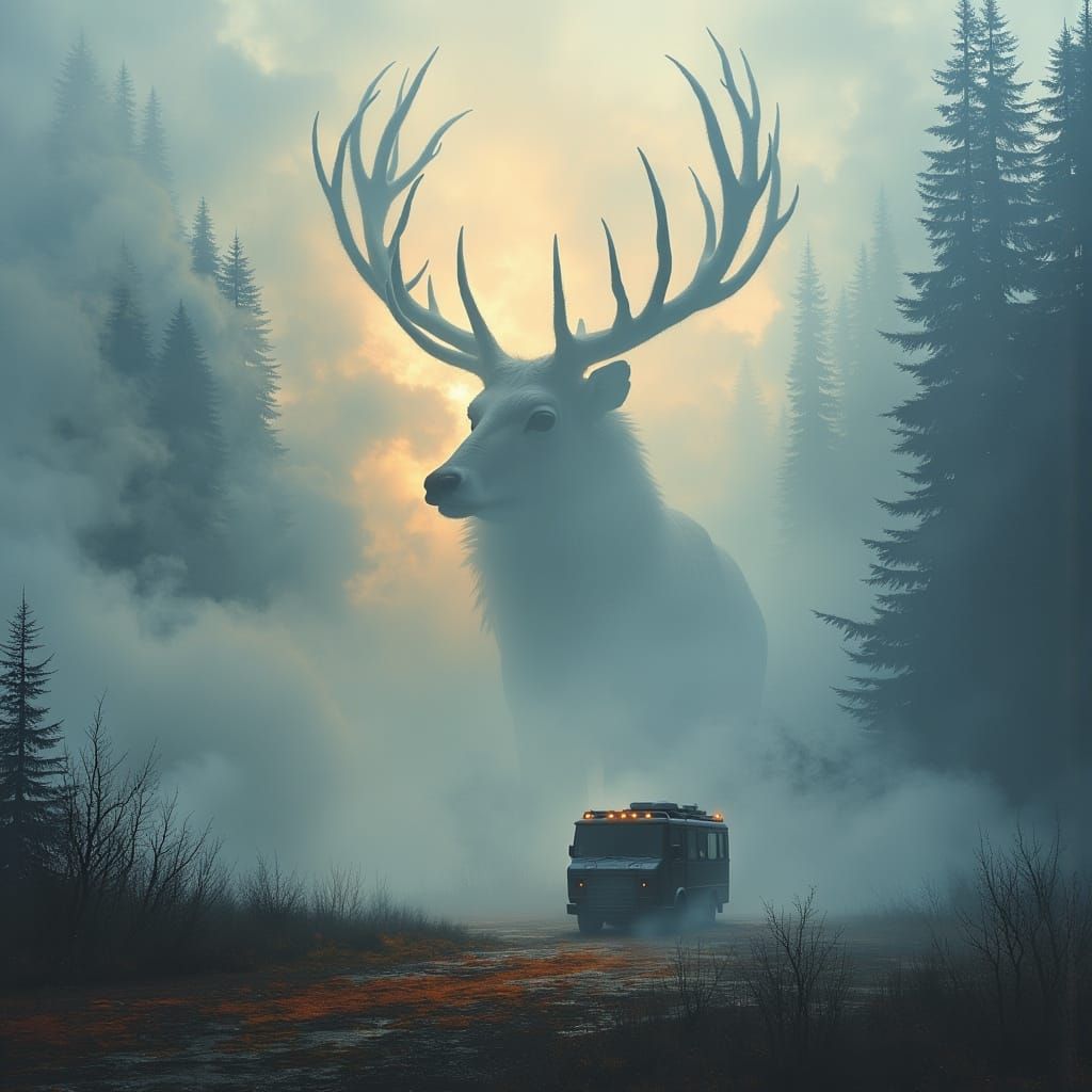 Majestic White Stag Emerges in Foggy Forest