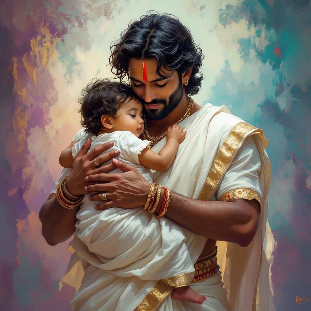Man in Saree Embracing Baby: Fantasy Concept Art