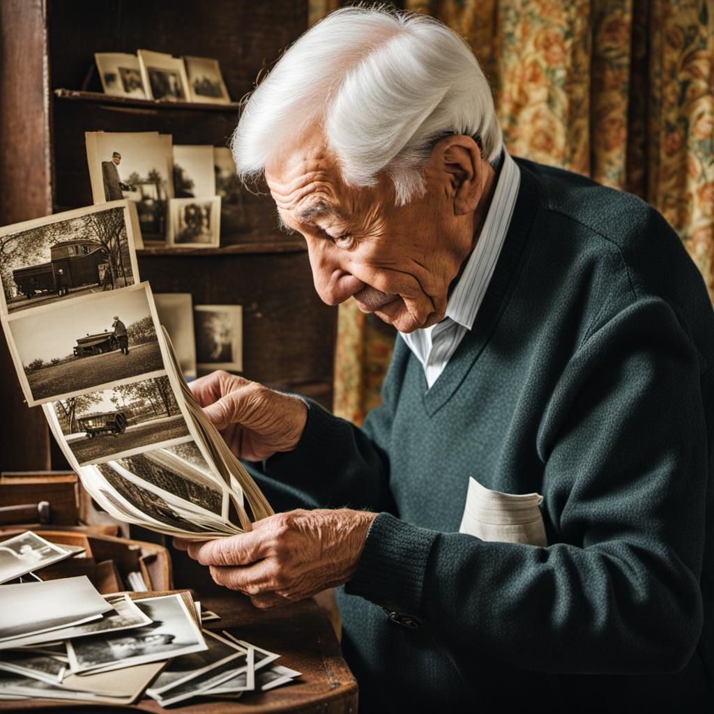 Elderly Man Reminiscing Over Old Photographs