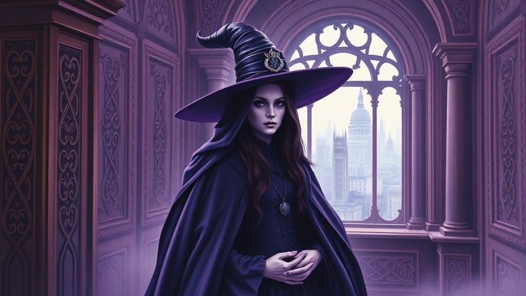 Regal Purple Witch in Ornate Chamber: Art Deco Style