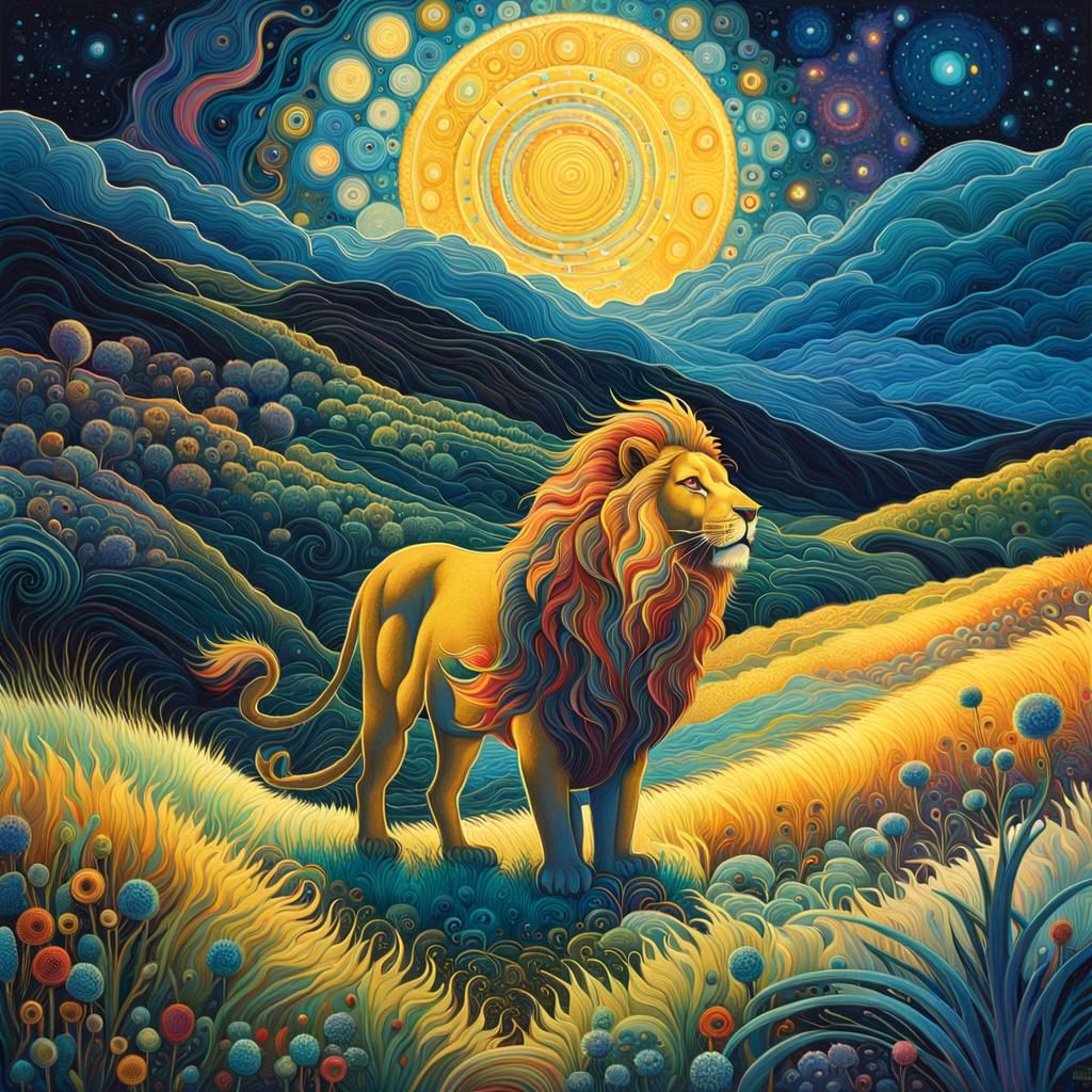 Illuminescent Lion Hunt in Bioluminescent Grasslands