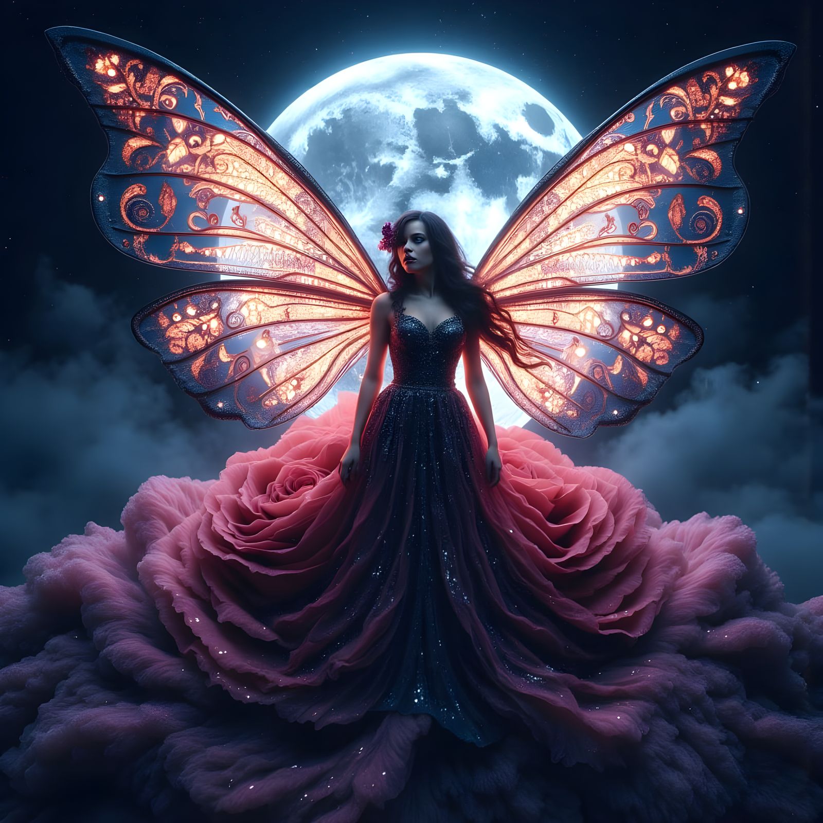 Glowing Fairy with Black Rose and Celestial Moon