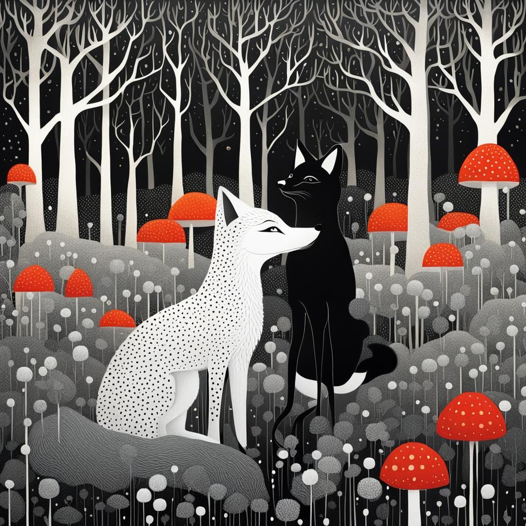 Black and White Foxes in Maximalist Style