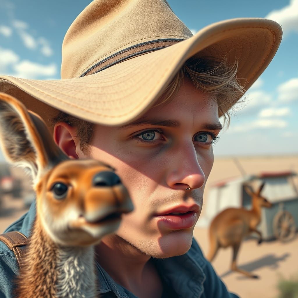 Outback Man with Kangaroo in Digital Painting Style