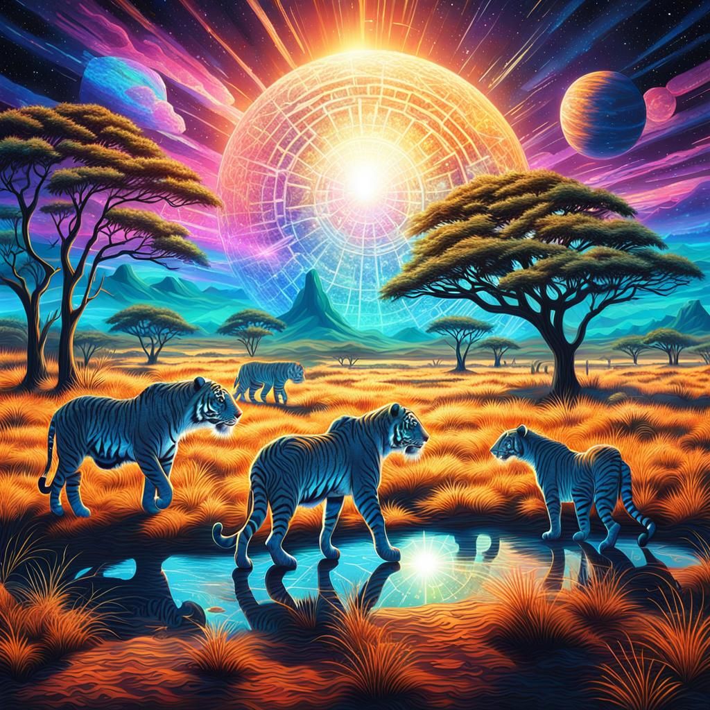 Tigers Roaming Savannah: Holographic Cosmic Illustration
