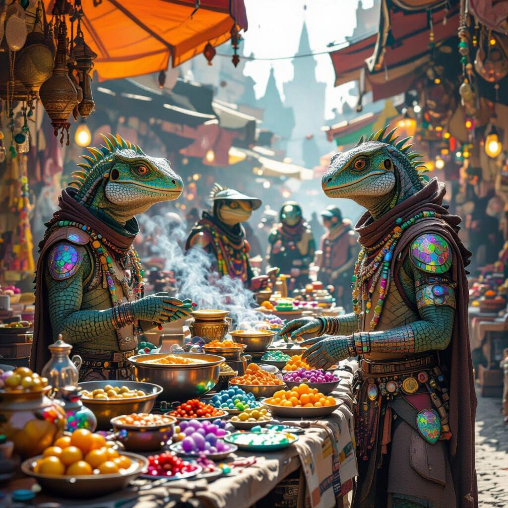 Alien Marketplace on Planet of Lizard People in Surreal Styl...