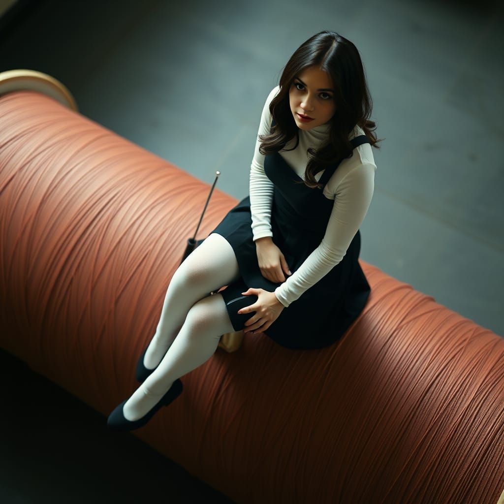 Curvy Athlete Dwarfed by Giant Sewing Needle