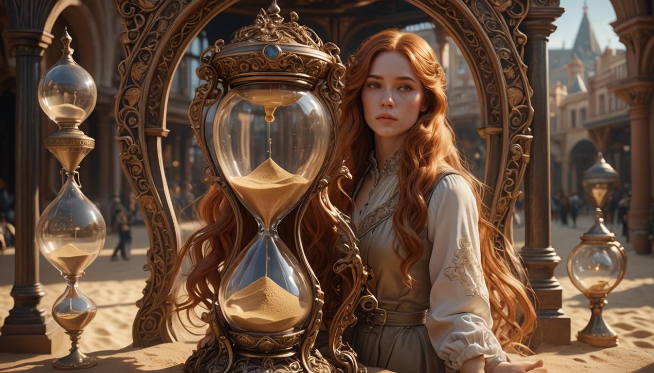 Girl in Art Nouveau Hourglass, Hyperrealistic 8K