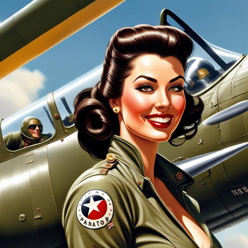 Brunette Pin-Up Girl on F4 Phantom, Detailed Fantasy Art