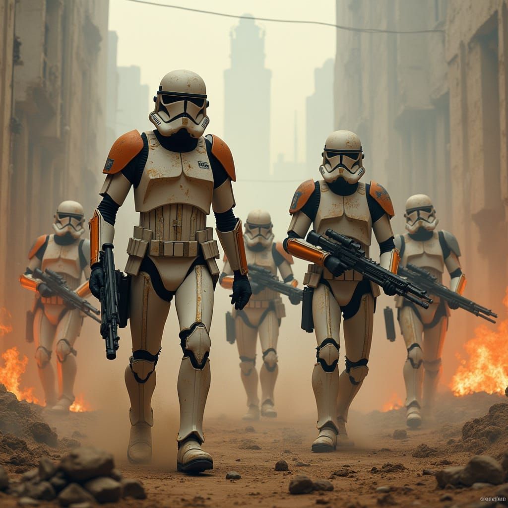 Clone Troopers Clash with Droids in Dystopian Battlefield