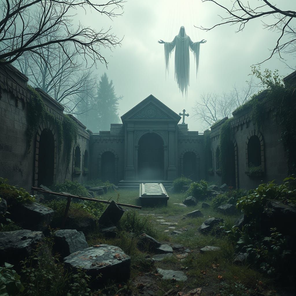 Eerie Abandoned Garden with Spirit, Matte Painting