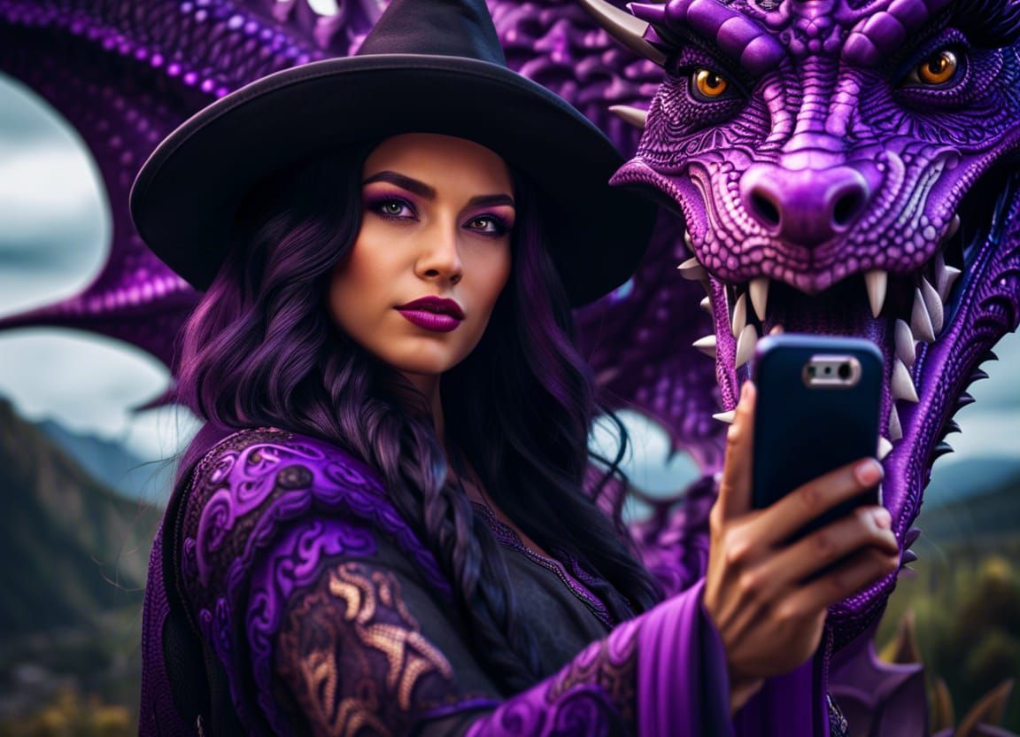 Witch and Dragon Selfie in Hyperrealistic Style