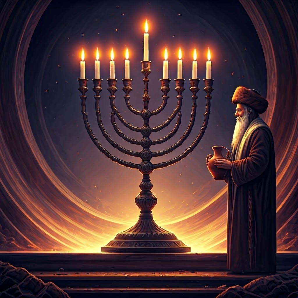 Ancient Menorah Illuminated by Sacred Oil in Traditional Set...