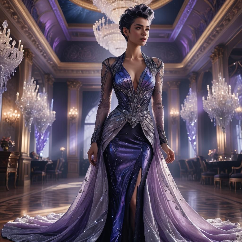 Woman in Crystalline Dress in Grand Ballroom