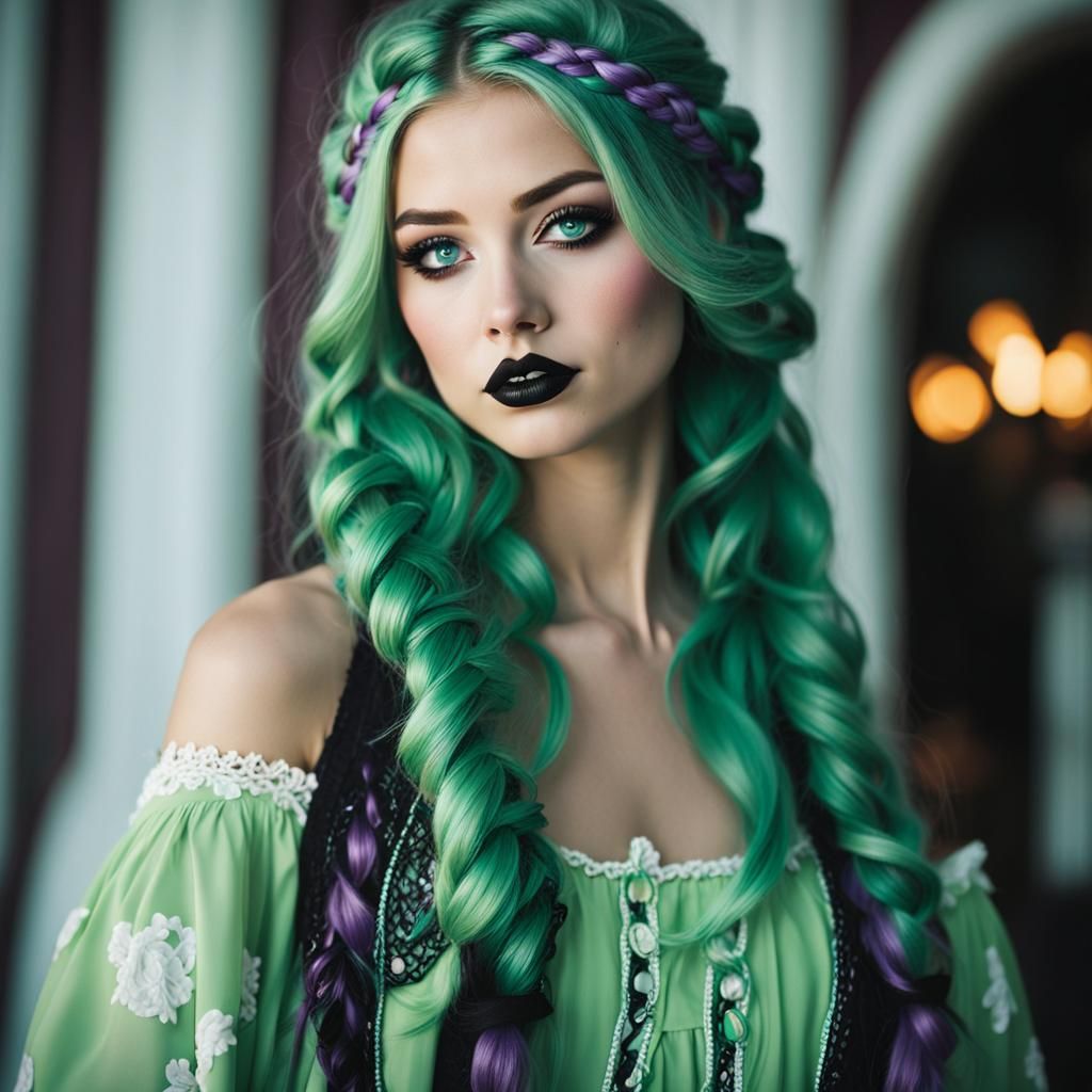 Woman with Green Hair and Halloween Outfit