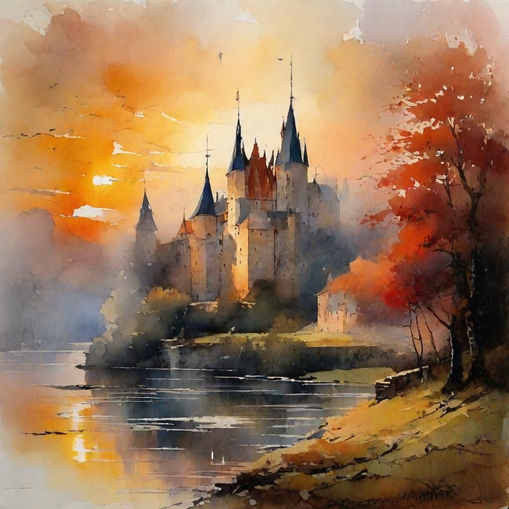 lever de soleil rouge cuivré  au-dessus de la rivière et d' une ruine de château