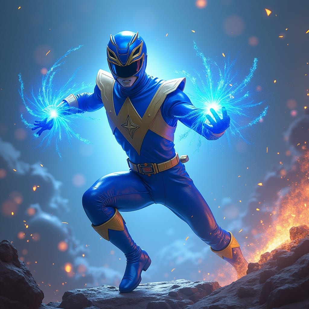Blue Power Ranger Unleashing Energy in Sci-Fi Style